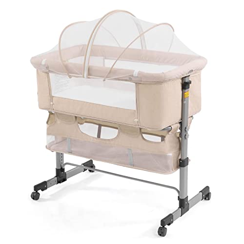 nordmiex 3in1 Bedside Crib for Baby Girl or Boy, Bedside Sleeper Crib for Baby Portable and Adjustable Crib with Mosquito net for Newborn Baby,Deep Khaki