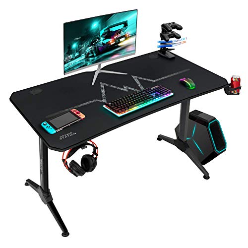 Furmax Gaming Desk T-Shaped Pc Computer Table with Carbon Fiber Surface Free Mouse Pad Home Office Desk Gamer Table Pro with Game Handle Rack Headphone Hook and Cup Holder (Black, 44 Inch)