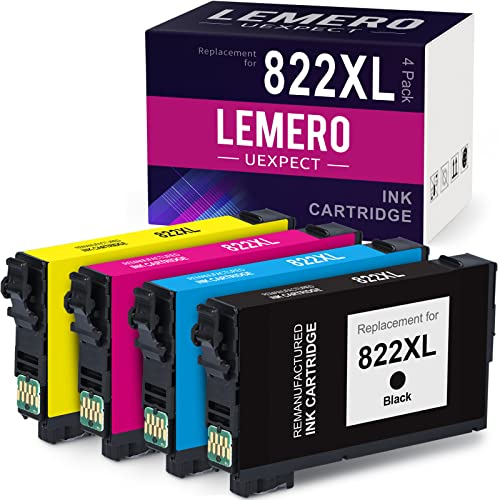 LEMERO UEXPECT Remanufactured Ink Cartridge Replacement for Epson 822XL T822XL 822 XL Combo Pack for Workforce Pro WF-3820 WF-4830 WF-4820 WF-4833 WF-4834 Printer (Black Cyan Magenta Yellow, 4-Pack)