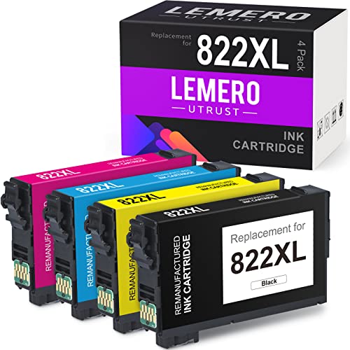 LemeroUtrust 822XL Remanufactured Ink Cartridge Replacement for Epson 822XL 822 XL T822XL use with Epson Workforce Pro WF-4830 WF-3820 WF-4820 WF-4833 WF-4834 (Black Cyan Magenta Yellow, 4-Pack)
