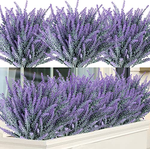 12 Bundles Fake Flowers Artificial Lavender Faux Plastic Purple Flowers for Home Wedding Kitchen Garden Patio Window Box Office Table Centerpieces Indoor Outdoor Decor (Gray Purple)