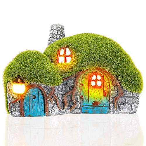 Outdoor Figurine Lights Garden House Statue – Outdoor Statues with Solar Lights Garden Cottage Lighting Figurines for Home or Yard Decor