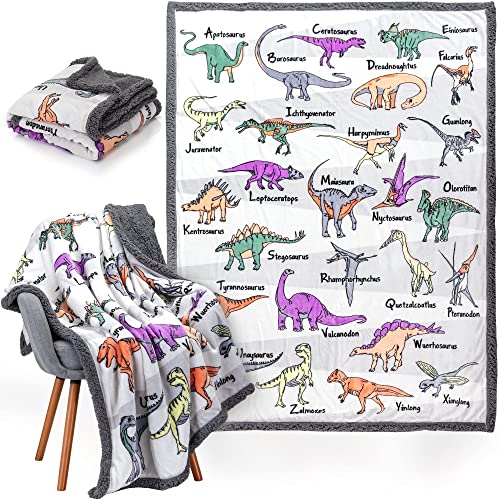 OBSI Alphabet Dinosaur Blanket – 50×60 inch Plush Mink & Sherpa Fleece Dinosaur Throw Blankets – Adorable Dinosaur Blanket for Boys or Girls, with 26 Dinos A-Through-Z