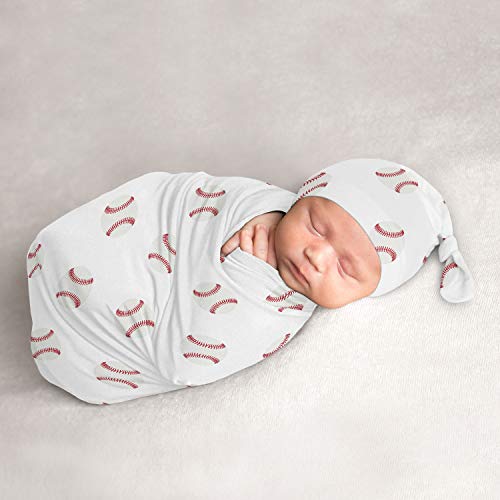 Sweet Jojo Designs Baseball Baby Boy Cocoon and Beanie Hat 2pc Set Jersey Stretch Knit Sleeping Bag for Infant Newborn Nursery Sleep Wrap Sack – Red and White Americana Sports