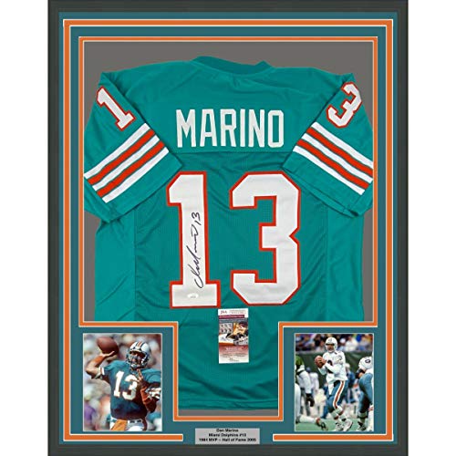 Framed Autographed/Signed Dan Marino 33×42 Miami Teal Football Jersey JSA COA