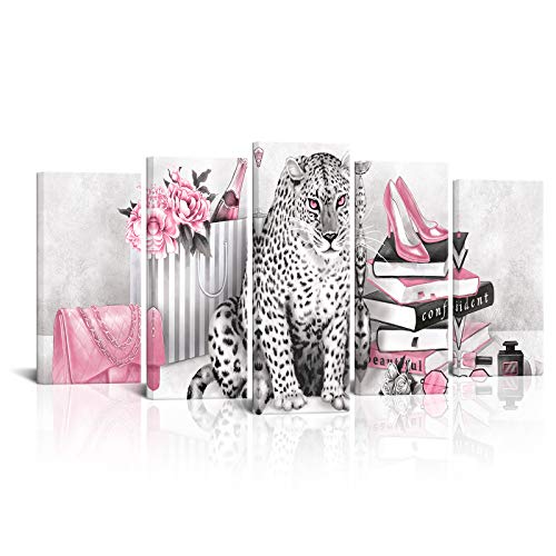 Kalormore Fashion Glam Poster Black and White Leopard with Pink Flowers Shoes Painting Giclee Canvas Prints Contemporary Artwork for Modern Living Room Girls Makeup Room Bedroom Gift for Woman