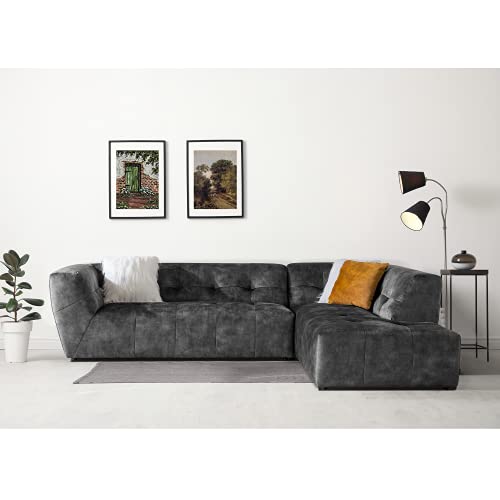 Acanva Luxury Mid-Century Velvet Tufted Low Back Sofa Set L-Shape 2-Piece Living Room Couch, 113″ W Right Hand Facing Sectional, Grey
