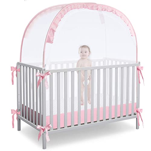 L RUNNZER Baby Pop Up Tent Cover Crib,See Through Crib and Nursery Soft Mesh Cover,Net with Viewing Window to Keep Baby in