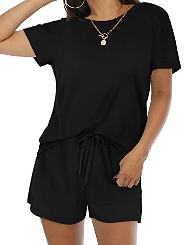 Sousuoty 2 Piece Outfits for Women Summer Short Sleeve Lounge Set Black L