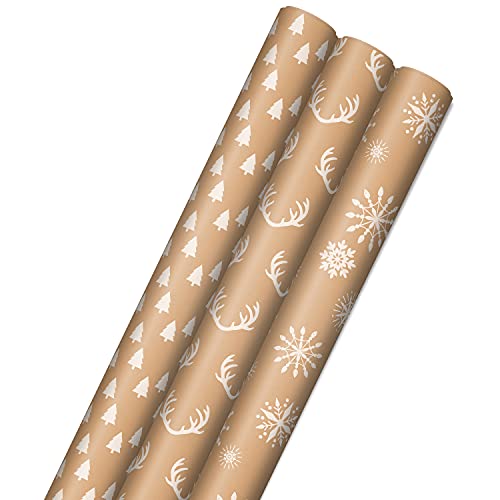Hallmark Recyclable Kraft Wrapping Paper with Cut Lines (3 Rolls: 90 Sq. Ft. Ttl.) Minimalist Christmas, White Trees, Deer Antlers, Snowflakes on Brown Kraft for Holidays, Weddings, Winter Solstice