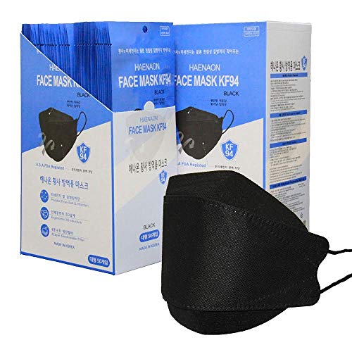 Haenaon Premium KF94 Mask – Face Protective Black Mask for Adult, Korean Face Mask, Certified KF94 Face Mask Made in Korea, FDA Resigtered (50 Individually Packaged)