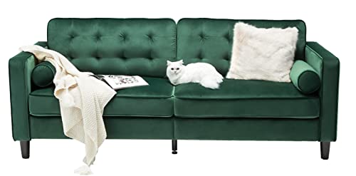 Esright 84.2″ Green Velvet Couch Mid Century Modern Sofa,Tufted Velvet Fabric Sofa with 2 Bolster Pillows, Sofas Couches for Living Room, Apartment, Bedroom