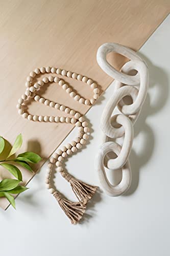 Decorative Wood Chain Link and Bead Garland Set | Hand Carved Pine Wood Chain Decor | Modern Farmhouse Accent Decor | Aesthetic Room Decor | Boho Decorations for Living room, Bedroom, Entryway | White
