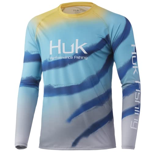HUK Men’s Standard Double Header Long Sleeve | Sun Protecting Fishing Shirt, Flare Fade-Blue Radiance, Large