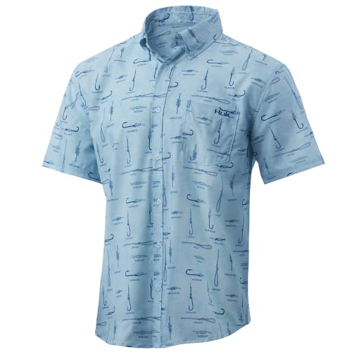 HUK Men’s Standard Teaser Short Sleeve Fishing Button Down Shirt +UPF, HUK & Knots-Ice Blue, Large