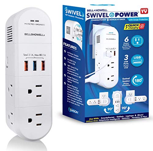 Swivel Power by Bell+Howell Power Strip w/ Surge Protection Rapid, Swiveling Charging Station USB Outlet Extender – with 6 Electrical, 3 USB Port, 125VAC / 60Hz / 10A / 1250WMax, UL STD 498A
