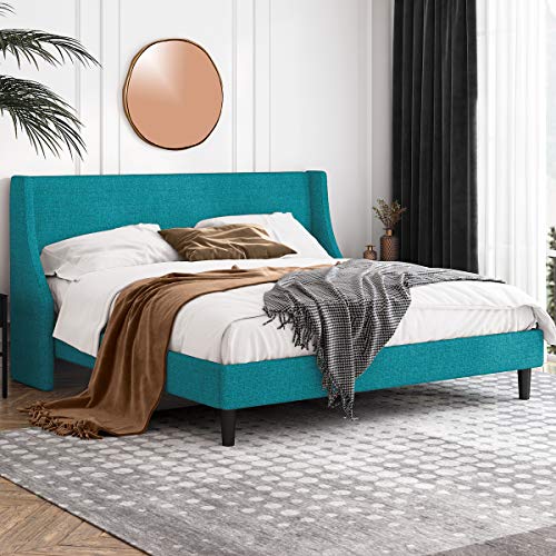 Einfach King Size Platform Bed Frame with Wingback Headboard / Fabric Upholstered Mattress Foundation with Wooden Slat Support, Jade Green