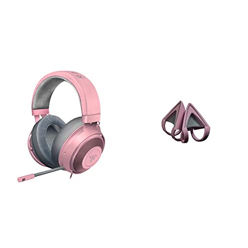 Razer Kraken Over Ear Headset, Quartz Pink Retractable & Razer RC21-01140300-W3M1 Kitty Ears for Kraken, Quartz Pink