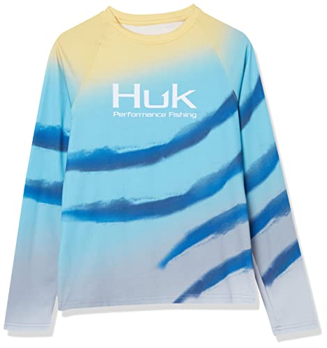 HUK Kids’ Standard Printed Long Sleeve Shirt +Sun Protection, Flare Fade-Blue Radiance, Small