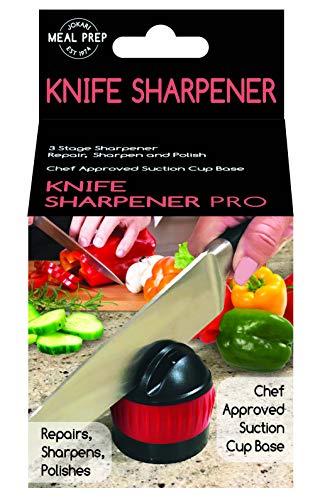 Jokari Knife Sharpener with Suction Kitchen Safety Seals to the Counter for One Handed Sharpening of Knives. In 3 Steps Blades Make Diamond Sharp Slices Rated Near Chef Quality. Skip the Electric Tool