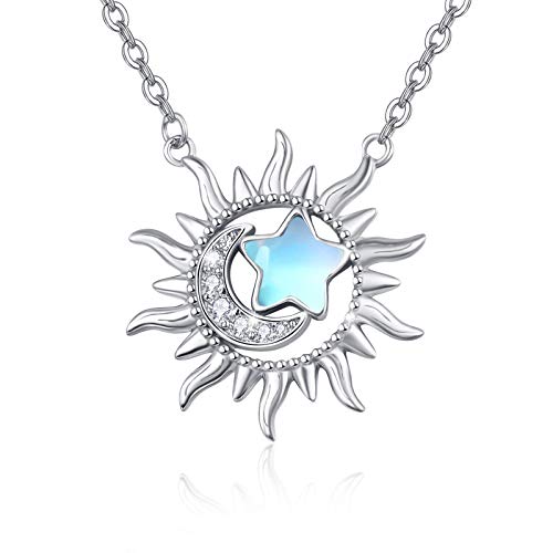 TRISHULA Moon Star Sun Necklace for Women Girls, Sterling Silver Crescent Moon with Cubic Zircon Moonstone Twickling Star Pendant Necklace, Dainty Birthday Jewelry Gift 18”+2” (Gift Box Included)