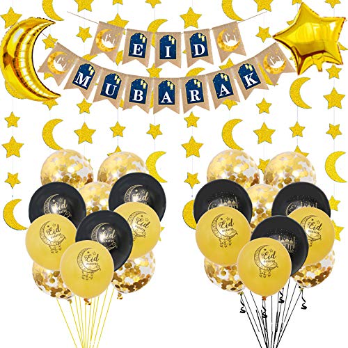 26 PCS Ramadan decoration, Included 24 Pack Balloons, 1 Pack Banner, 1Bunch Gold Glitter Moon Stars Garland Eid Mubarak for Home Decor