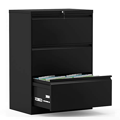 Aobabo 3 Drawer Lateral File Cabinet for Home Office with Lock Metal Filing Cabinet for Legal and Letter Black Steel Horizontal File Storage Cabinet, Assembly Required, Black
