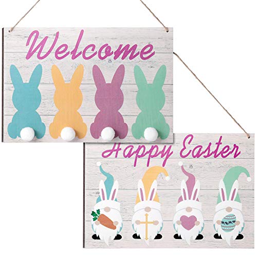 2 Pieces Happy Easter Wooden Sign Easter Hanging Wood Decor Easter Welcome Door Sign Gnome Bunny Eggs Wood Easter Decorations for Home Garden Spring Party, 12 x 7.8 Inch