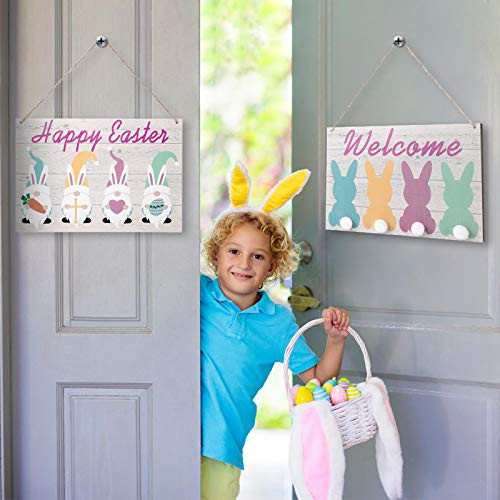 2 Pieces Happy Easter Wooden Sign Easter Hanging Wood Decor Easter Welcome Door Sign Gnome Bunny Eggs Wood Easter Decorations for Home Garden Spring Party, 12 x 7.8 Inch | The Storepaperoomates Retail Market - Fast Affordable Shopping