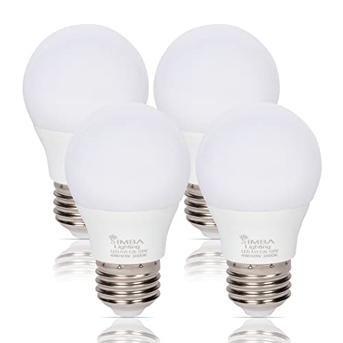 Simba Lighting LED A15 Refrigerator Light Bulbs (4-Pack) 4W 40W Replacement Small for Appliances, Freezers, Ceiling Fans, 120V, E26 Standard Medium Base, Frosted Cover, Not Dimmable, 3000K Soft White