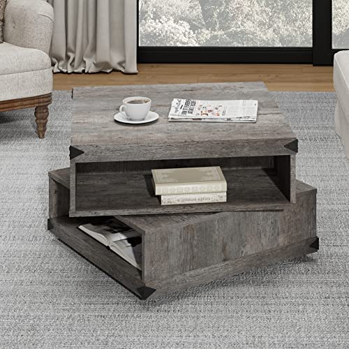 WAMPAT Rotating Coffee Table 2-Tier, Square Wood Accent Tea Center Table with Rotatable Storage for Recepiton Living Room, 4 Cubbies, Riveted Corner Protection, Vintage Grey, 25.5″