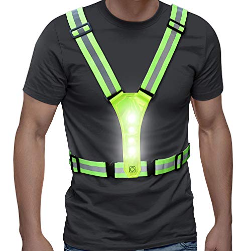 HWMY LED Reflective Running Vest with High Visibility Warning Lights,Adjustable Elastic Belt Strap,for Men Women Night Running Working,Walking,Cycling,Green
