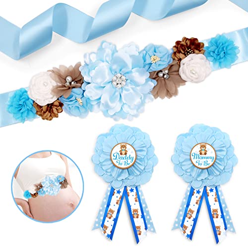 Blue Teddy Bear Maternity Sash Mom to Be & Daddy to Be Corsage Pin Set for Bear Baby Shower Maternity Photography Keepsake Gifts Pregnancy Flower Belly Belt Gender Reveal Souvenir Supplies