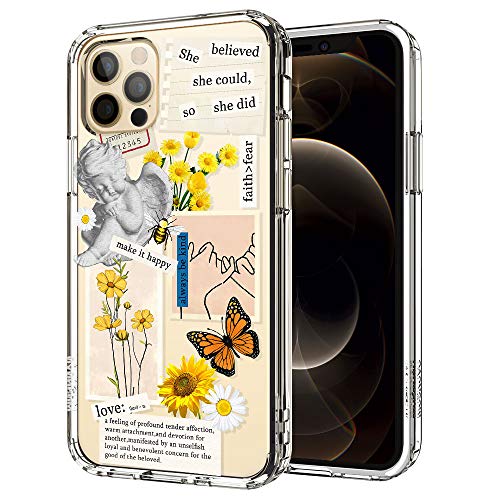 MOSNOVO Case for iPhone 12 Pro/iPhone 12, Vintage Collage Sunflower Butterfly Slim Clear Case Design with Shockproof TPU Bumper Protective Cover Case for Women Girls