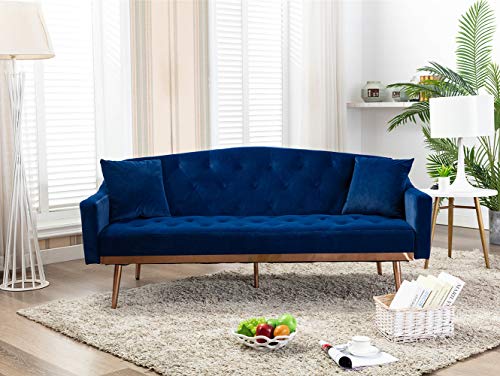 SLEERWAY Velvet Futon Sofa Bed with Two Pillows, Modern Sleeper Sofa Couch with 3 Adjustable Angles, Convertible Loveseat for Living Room and Bedroom, Blue