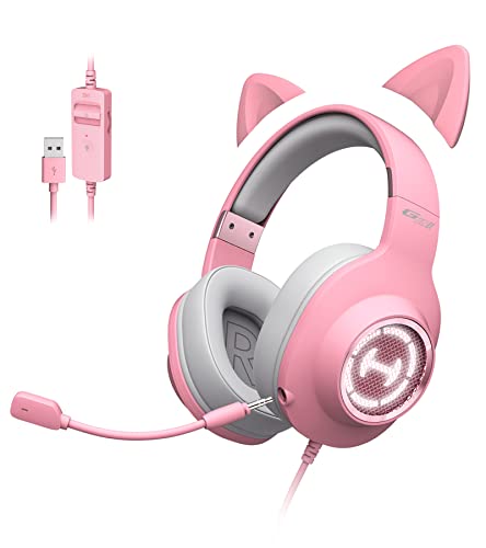 HECATE by Edifier G2 II Pink Gaming Headset, USB Wired Pink Gaming Headphones with Cat Ear for PC/MAC/PS4/PS5, 7.1 Surround Sound, Detachable Cat Ear and Noise Cancelling Microphone, LED RGB Lighting