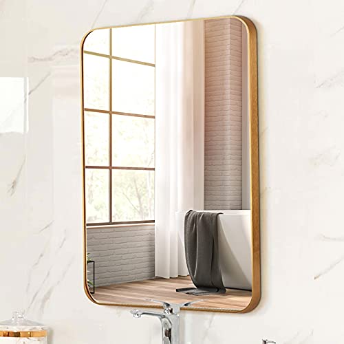 YGBH Bathroom Mirror for Wall,Rectangle Bathroom Mirror,Large Gold Framed Mirror,Makeup Mirror,Round Corner Design for Bathroom,Living Room,Bedroom (Gold,2432 inch),YFGD6080
