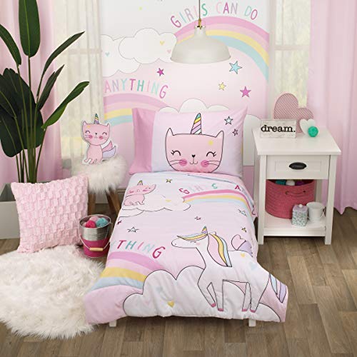 Everything Kids Caticorn Girl Power Pink & White with Pastel Rainbows & White Clouds Unicorn Stars 4Piece Toddler Bed Set, Pink, Aqua, Lavender, Yellow