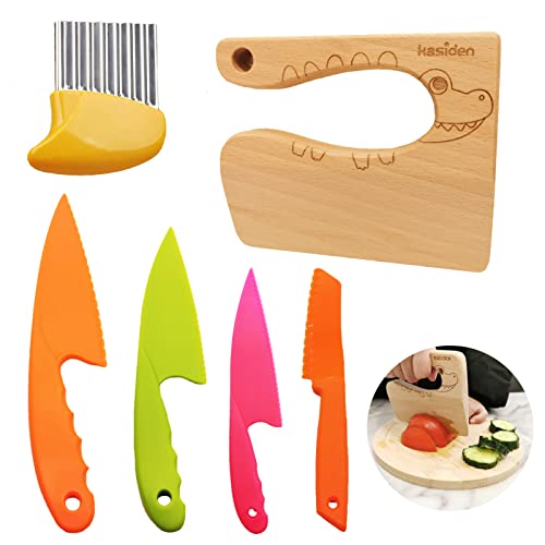 Kasiden Wooden Kids Knife for Cooking,6 Pieces Kid Safe Knives,Serrated Edges Toddler Knife ,Potato Slicers Cooking Knives,Kitchen Toy,Chopper,Vegetable and Fruit Cutter (Over 3 Years Old )