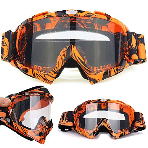 Motocross Motorcycle Goggles ATV Dirt Bike Off Road Racing MX Riding Goggle Anti-Scratch Dustproof Bendable UV400 Eyewear Padded Soft Thick Foam Glasses (Orange-Black Transparent)