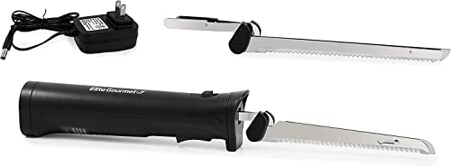Elite Gourmet EK9810 Professional Cordless Rechargeable Easy-Slice Electric Knife with 4 Serrated Blades and Safety Lock Trigger Release, Carving Meats, Poultry, Bread, Black, Stainless Steel