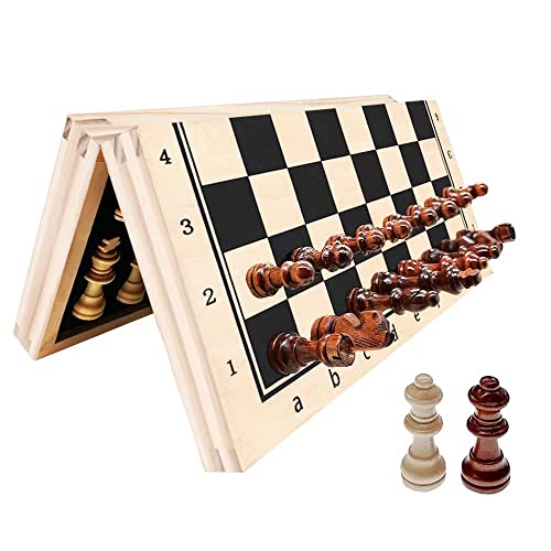 Wooden Magnetic Chess Set, YJZ 12” Chess Board Portable for Folding, Travel Chess Sets for Adults, Including Extra 2 Queens, Set with Storage Slot, Portable Birthday Gift for Children and Beginners