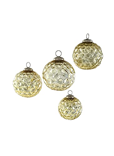 Serene Spaces Living Set of 4 Gold Diamond Dimple Glass Ball Ornaments for Christmas Tree, Holiday Décor, Easter, Party, Wedding Decorations, Display in Window Box, Each Measures 4″ Diameter