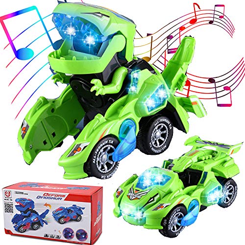 Transforming Dinosaur Toys,Transformer Toys for Kids Car for Boys Age 3-5 Dino Car Dinotrux Toys for Kids with LED Light & Music Automatic Transform for Kids Toddlers Birthday Gifts(Green)