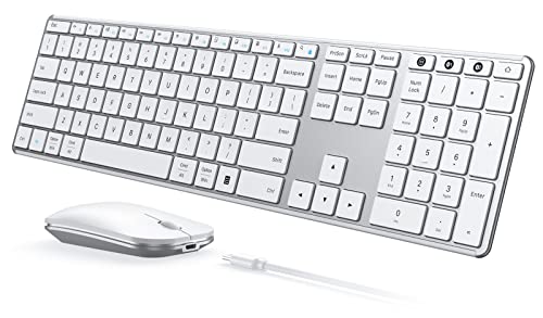 Wireless Bluetooth Keyboard and Mouse Combo (USB + Dual BT), seenda Multi-Device Rechargeable Slim Keyboard and Mouse, Compatible for Win 7/8/10, MacBook Pro/Air, iPad, Tablet – White Silver