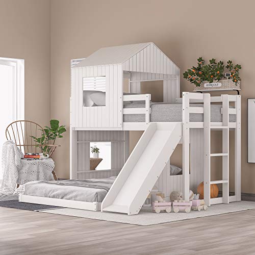 Twin Over Full Bunk Bed Wooden Loft Bed with Playhouse, Farmhouse, Ladder, Slide and Guardrails for Kids, Toddlers, Boys & Girls, No Spring Box Required (White)