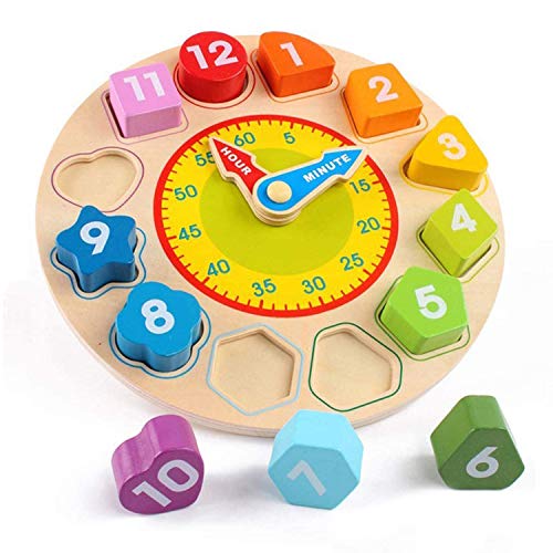 SGVV90 Wooden Shape Color Sorting Clock- Teaching Time Clock Shape Patterns Sorting Puzzle Montessori Early Learning Educational Toy Gift for Toddler Baby Kids