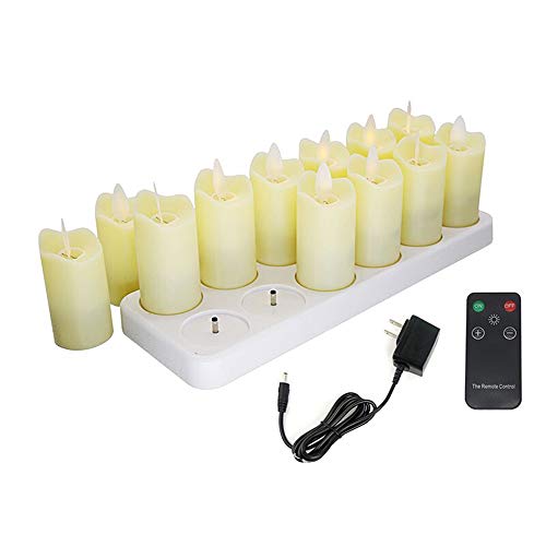 12pcs Flickering Flameless Candles with Moving Wick, Rechargeable Tea Light Candles with Chargeable Base, Battery Operated LED Candles, Pillar Electric Lights for Garden Home Party Wedding Festival