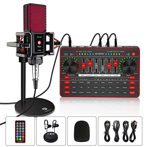 Podcast Microphone Sound Card Kit,Professional Studio Condenser Mic&G3 Live Sound Mixer/Voice Changer/Audio Interface/Audio Mixer for Streaming/Gaming/Recording/Singing/Tiktok/YouTube/PC/Computer