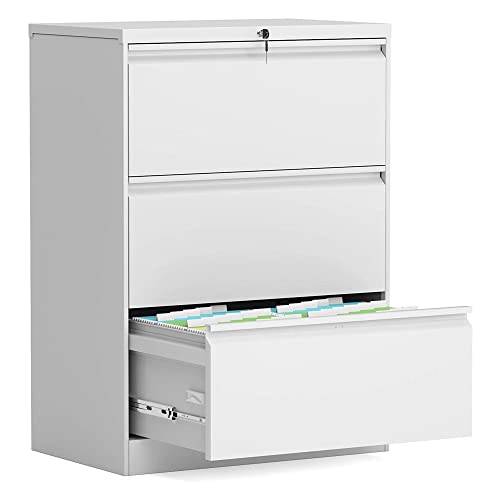 Aobabo 3 Drawer Metal Lateral File Cabinet for Home Office, White Locking Steel Wide Filing Storage Cabinet for Hanging Legal/Letter A4 Size, Assembly Required